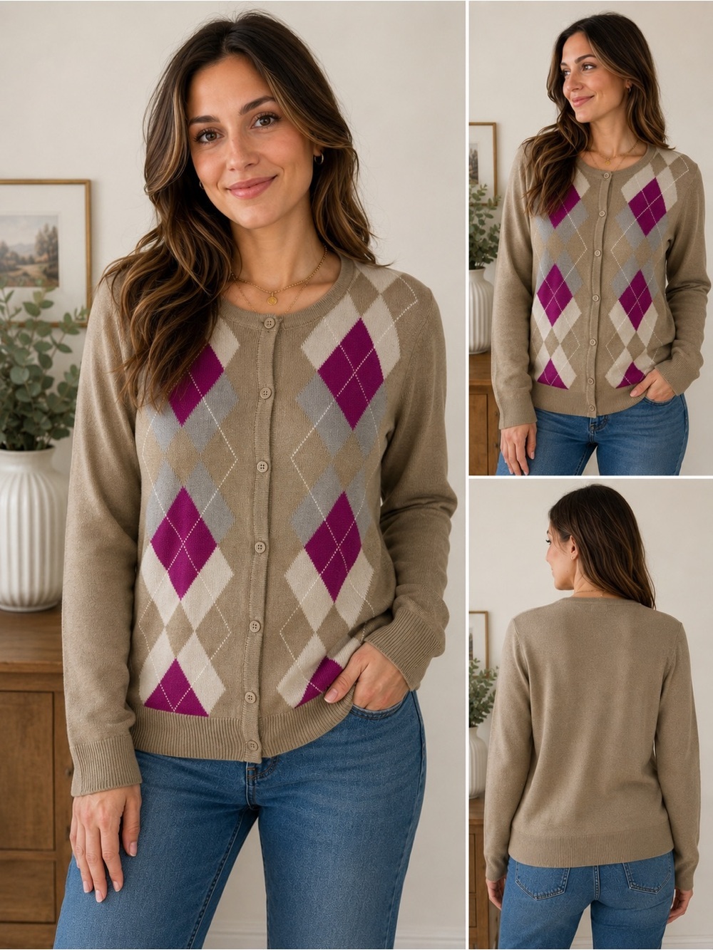 NWT Croft & Barrow Argyle Cardigan Sweater XL Beige Pink Preppy Academia